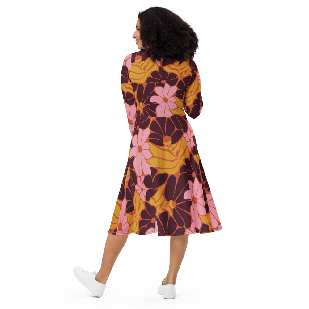 Happy 70s - All-over print long sleeve midi dress