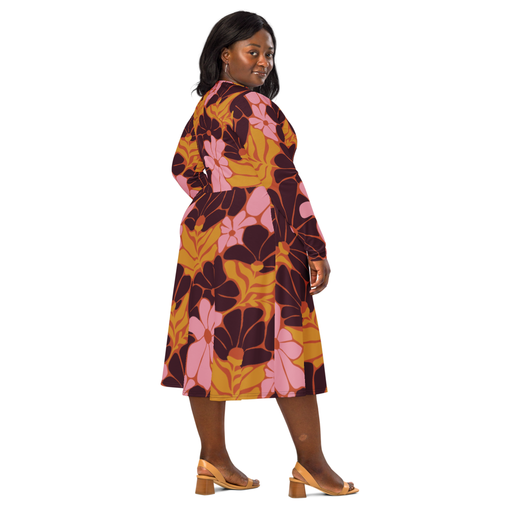 Happy 70s - All-over print long sleeve midi dress