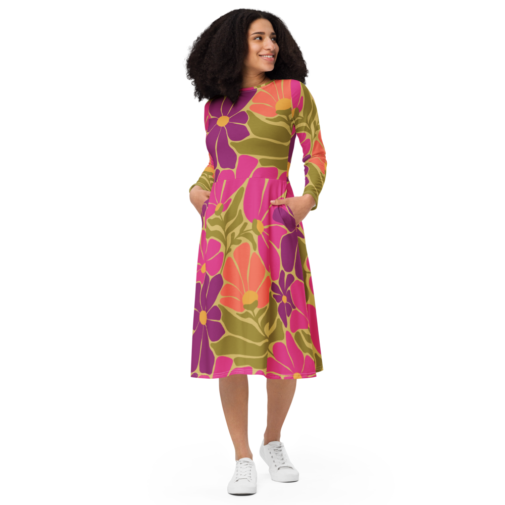 Happy 70s - All-over print long sleeve midi dress