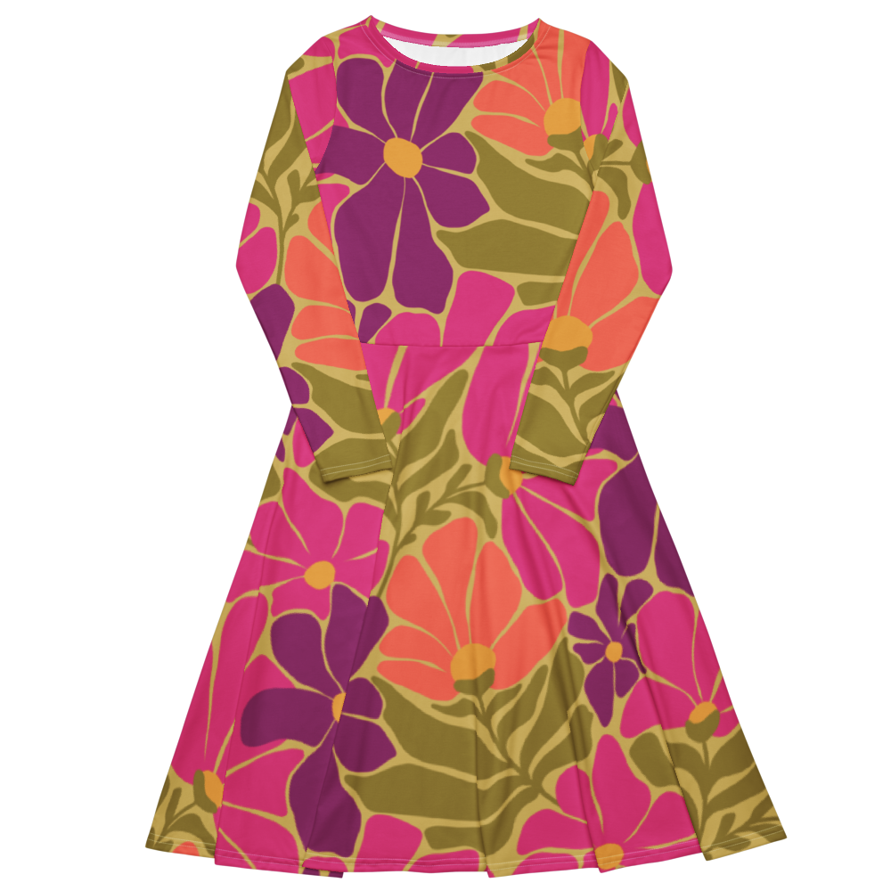 Happy 70s - All-over print long sleeve midi dress