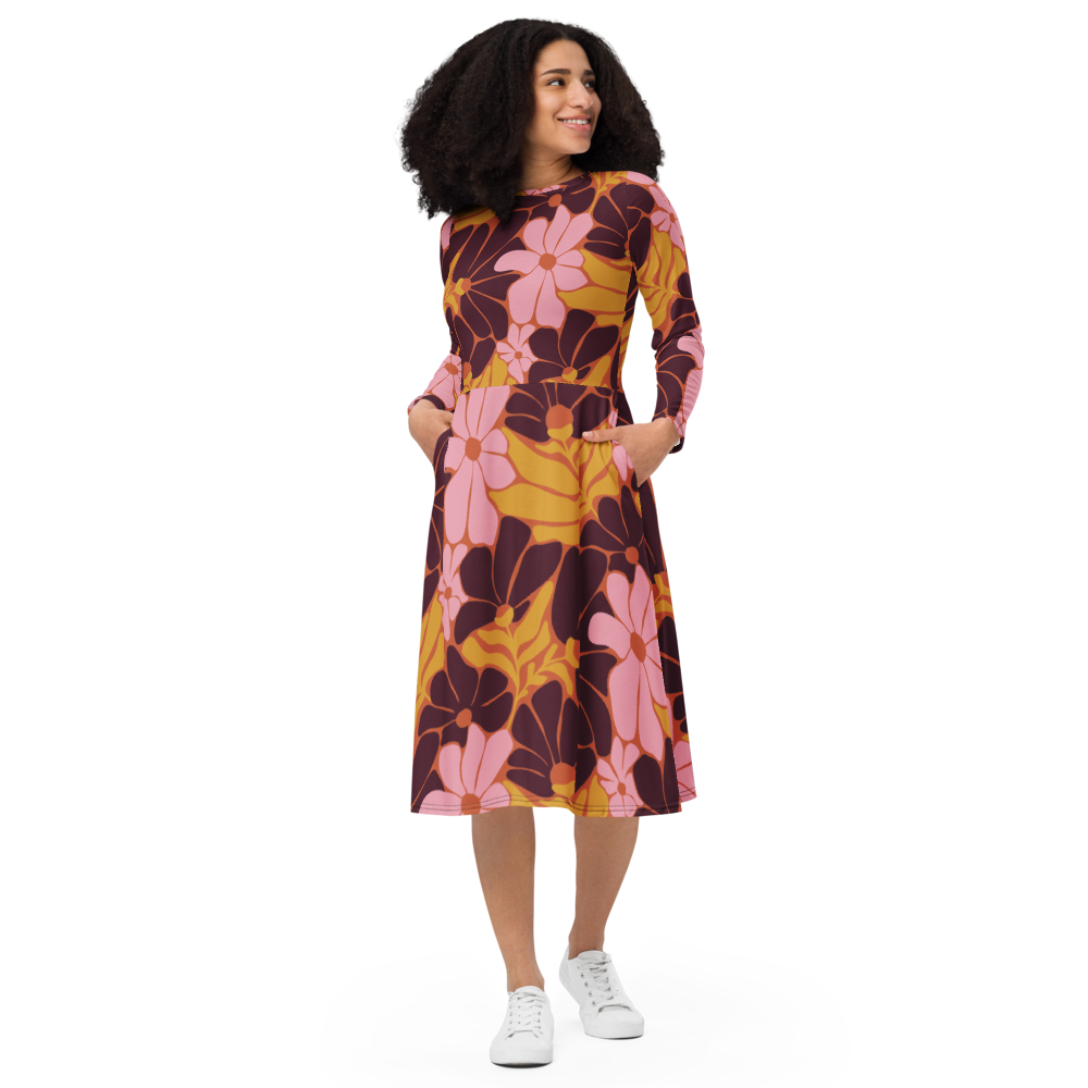 Happy 70s - All-over print long sleeve midi dress