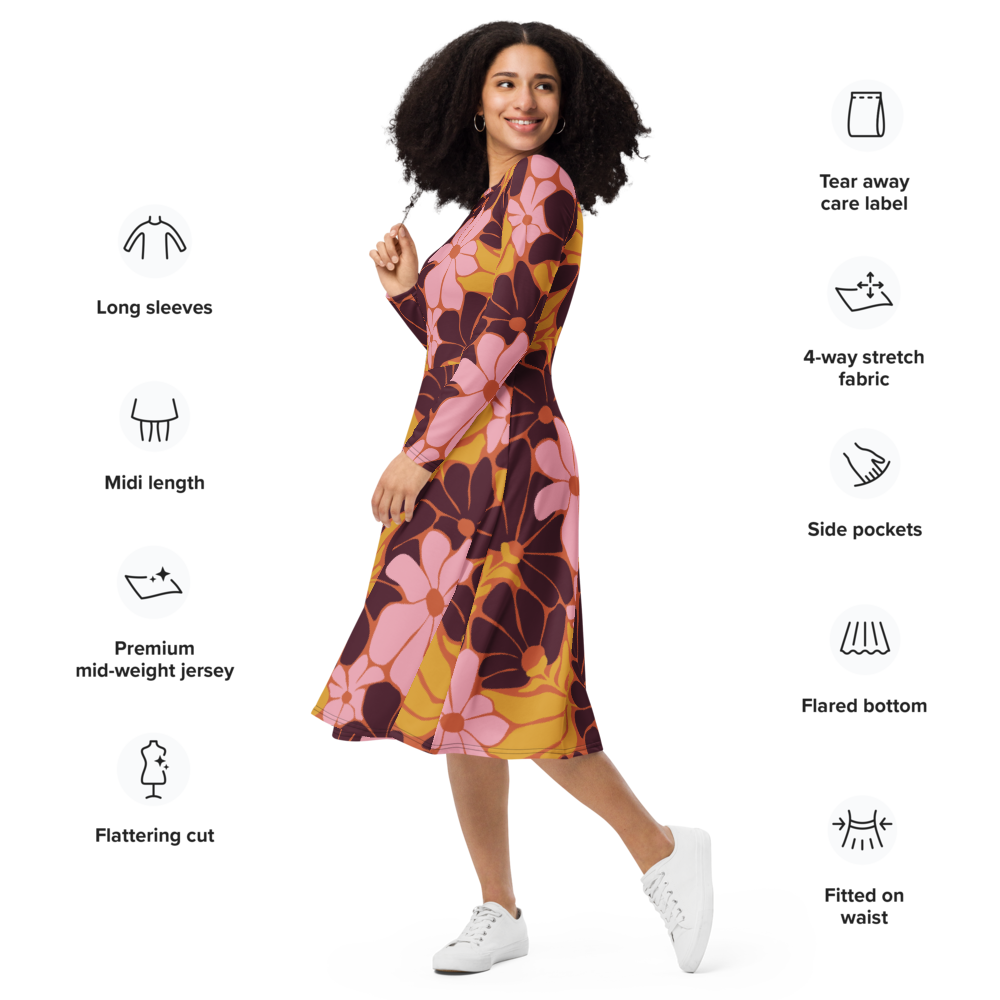 Happy 70s - All-over print long sleeve midi dress