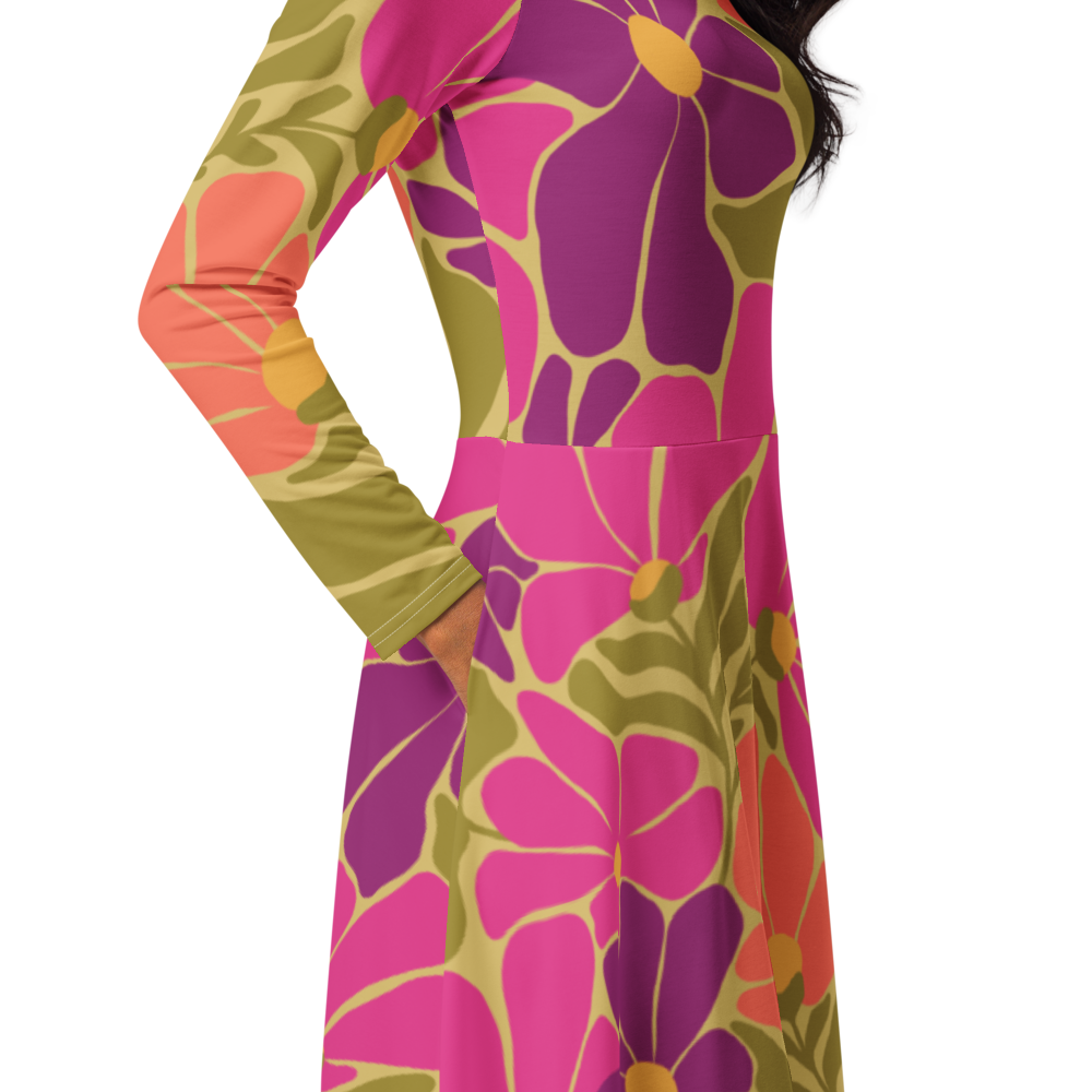 Happy 70s - All-over print long sleeve midi dress