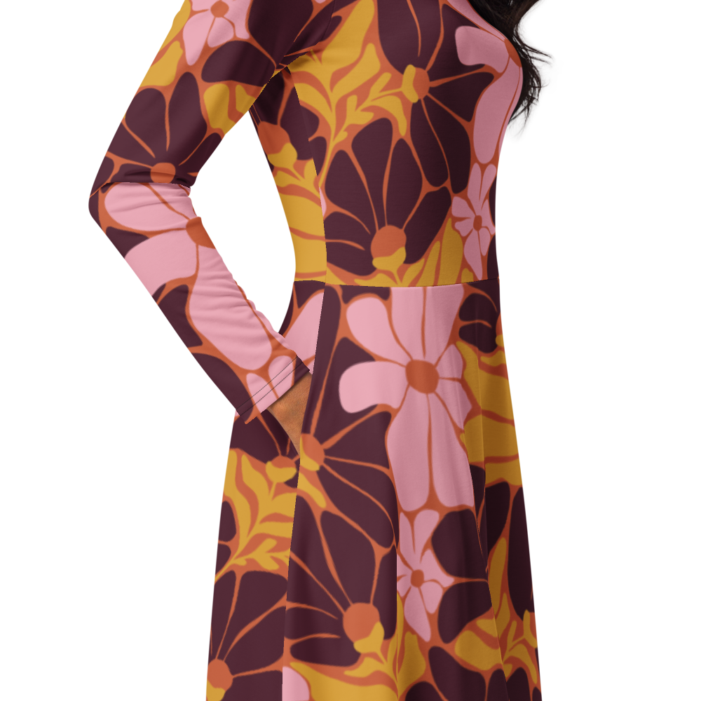 Happy 70s - All-over print long sleeve midi dress