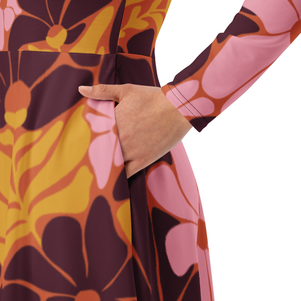 Happy 70s - All-over print long sleeve midi dress