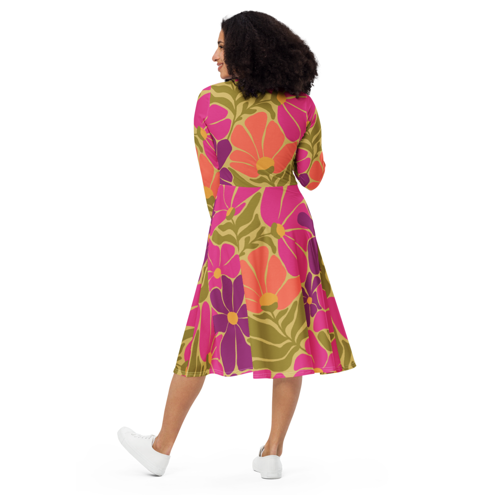 Happy 70s - All-over print long sleeve midi dress