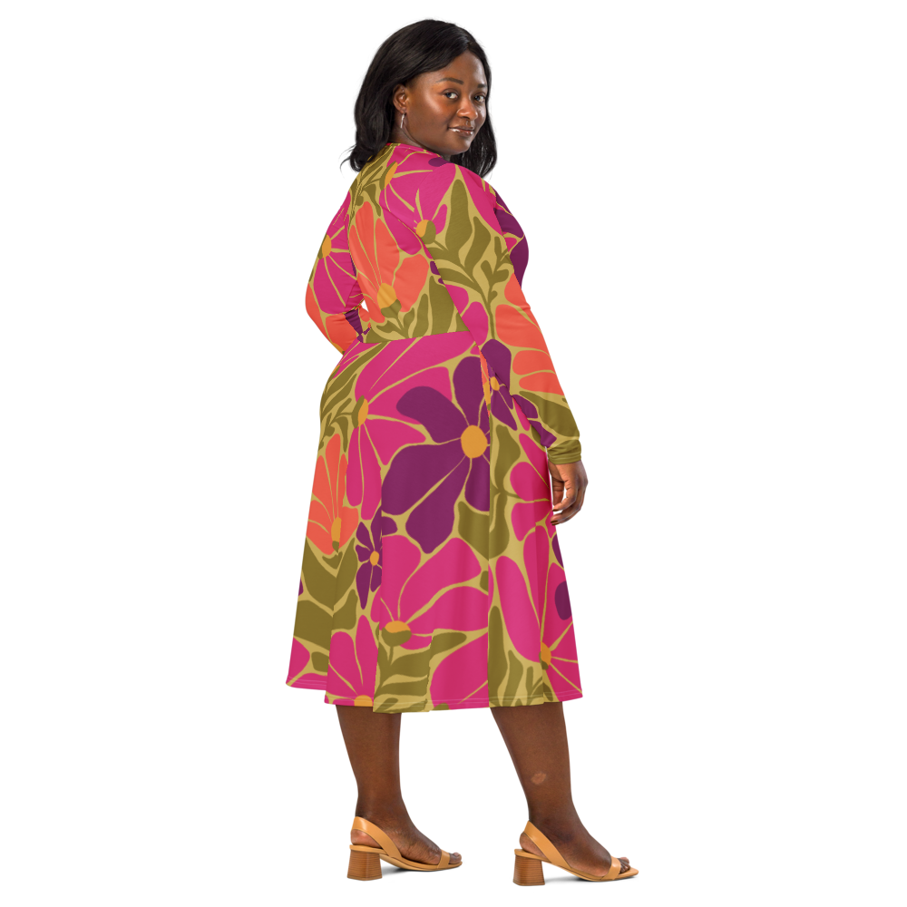 Happy 70s - All-over print long sleeve midi dress