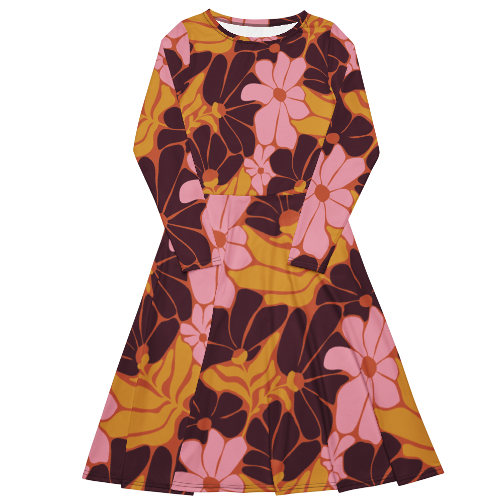 Happy 70s - All-over print long sleeve midi dress