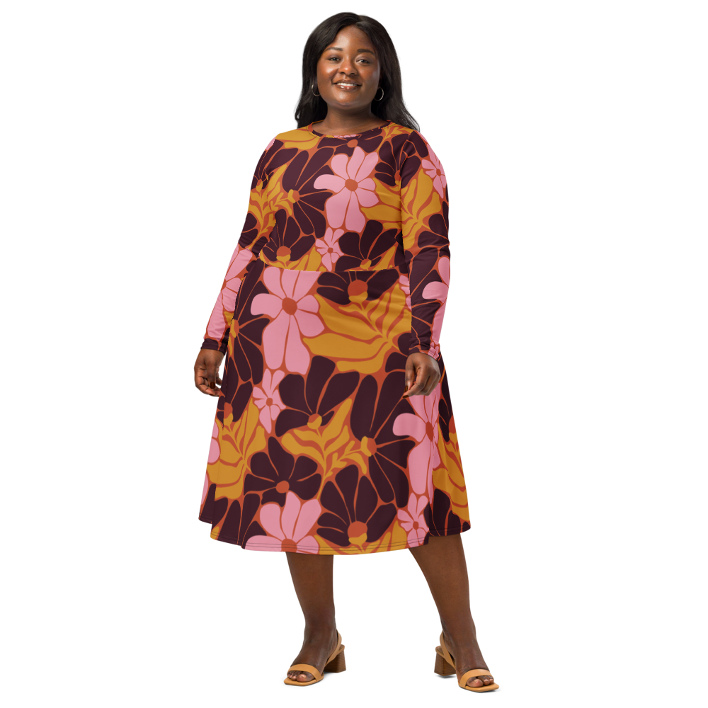 Happy 70s - All-over print long sleeve midi dress