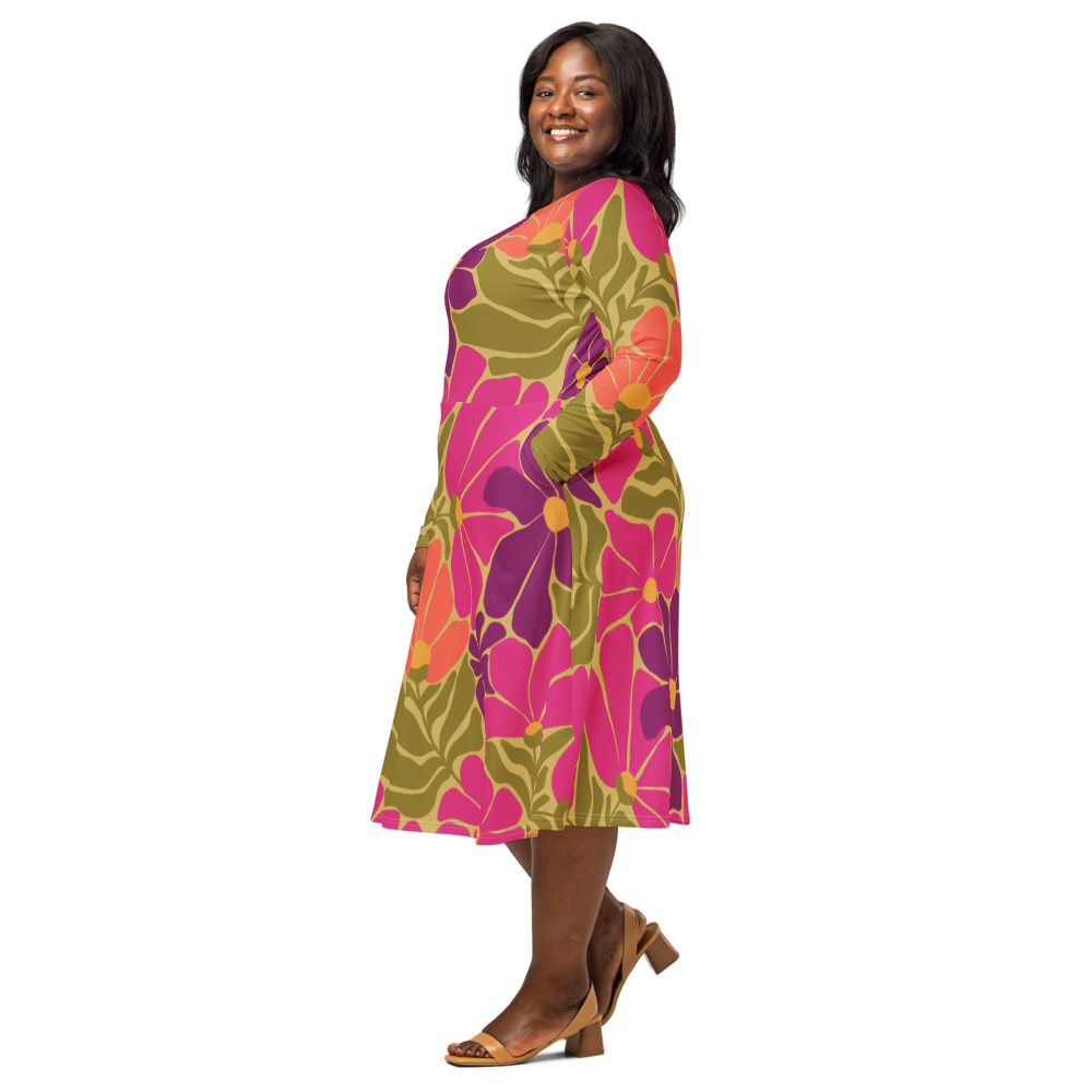 Happy 70s - All-over print long sleeve midi dress