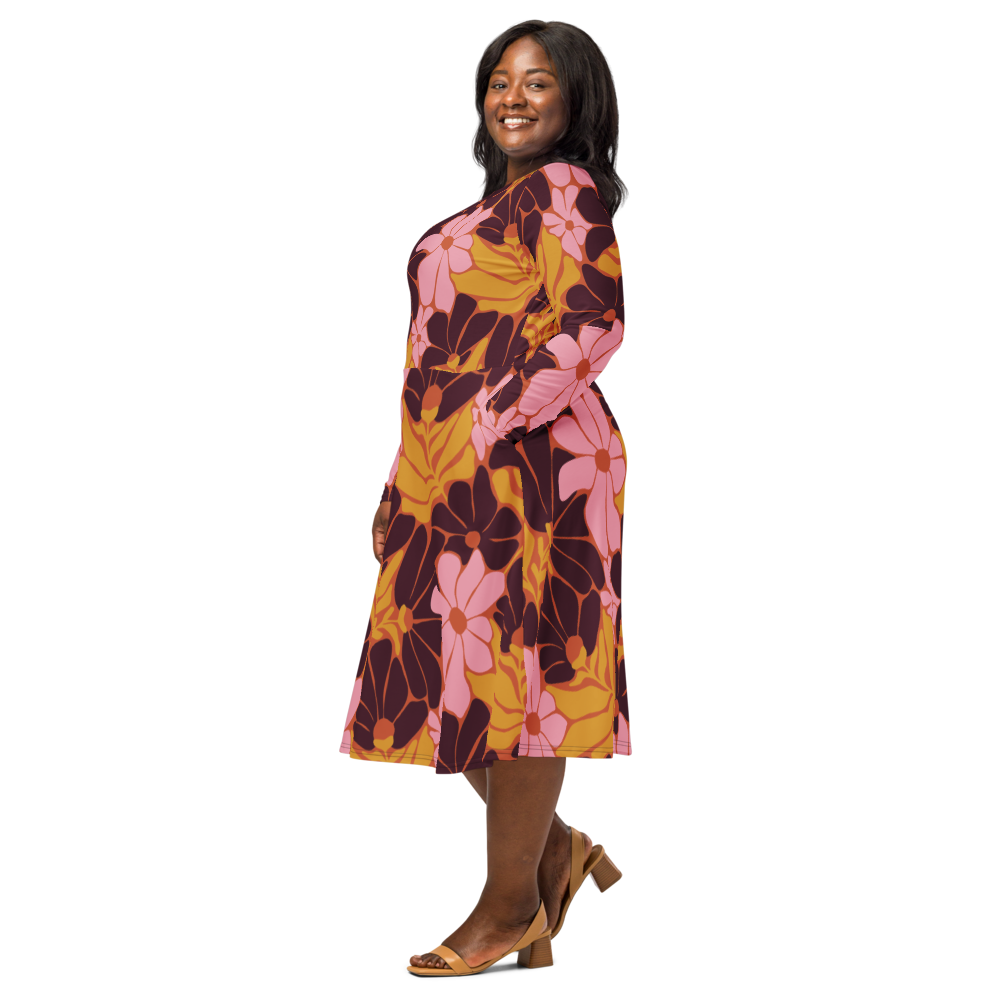 Happy 70s - All-over print long sleeve midi dress