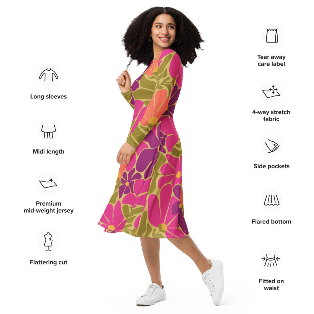 Happy 70s - All-over print long sleeve midi dress