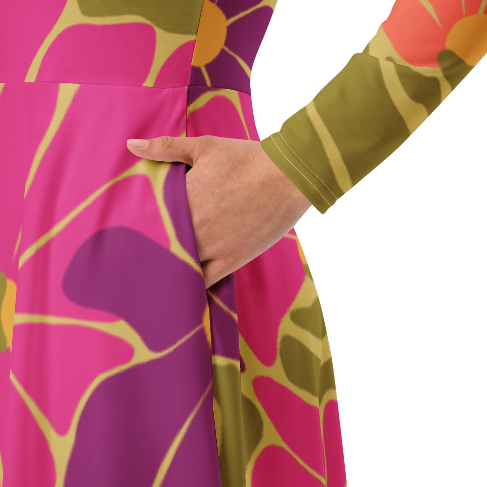 Happy 70s - All-over print long sleeve midi dress