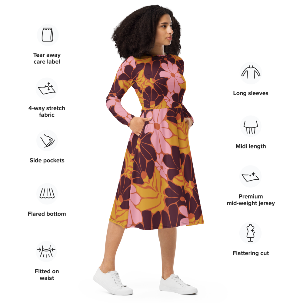 Happy 70s - All-over print long sleeve midi dress